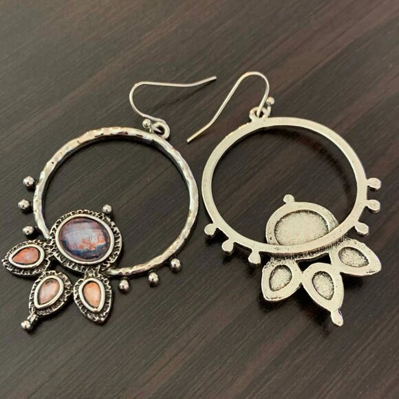 Silver Moonstone Color Gemstone Lotus Flower Earrings - Picture 8 of 10